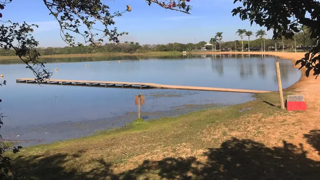 Praia Municipal de Lagoa da Prata, com lagoa, faixa de areia, palmeiras e passarela, fotografada em janeiro de 2021